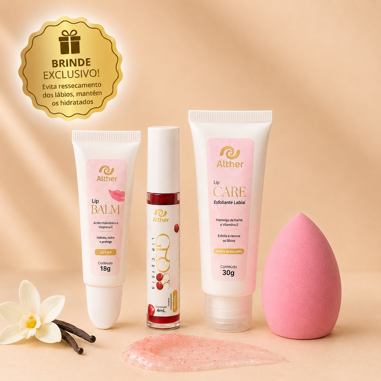 IMG_3383 Kit Cuidados para os Lábios com Lip Balm + Esfoliante + Gloss BRINDE Esponja de Maquiagem - Imagem 1