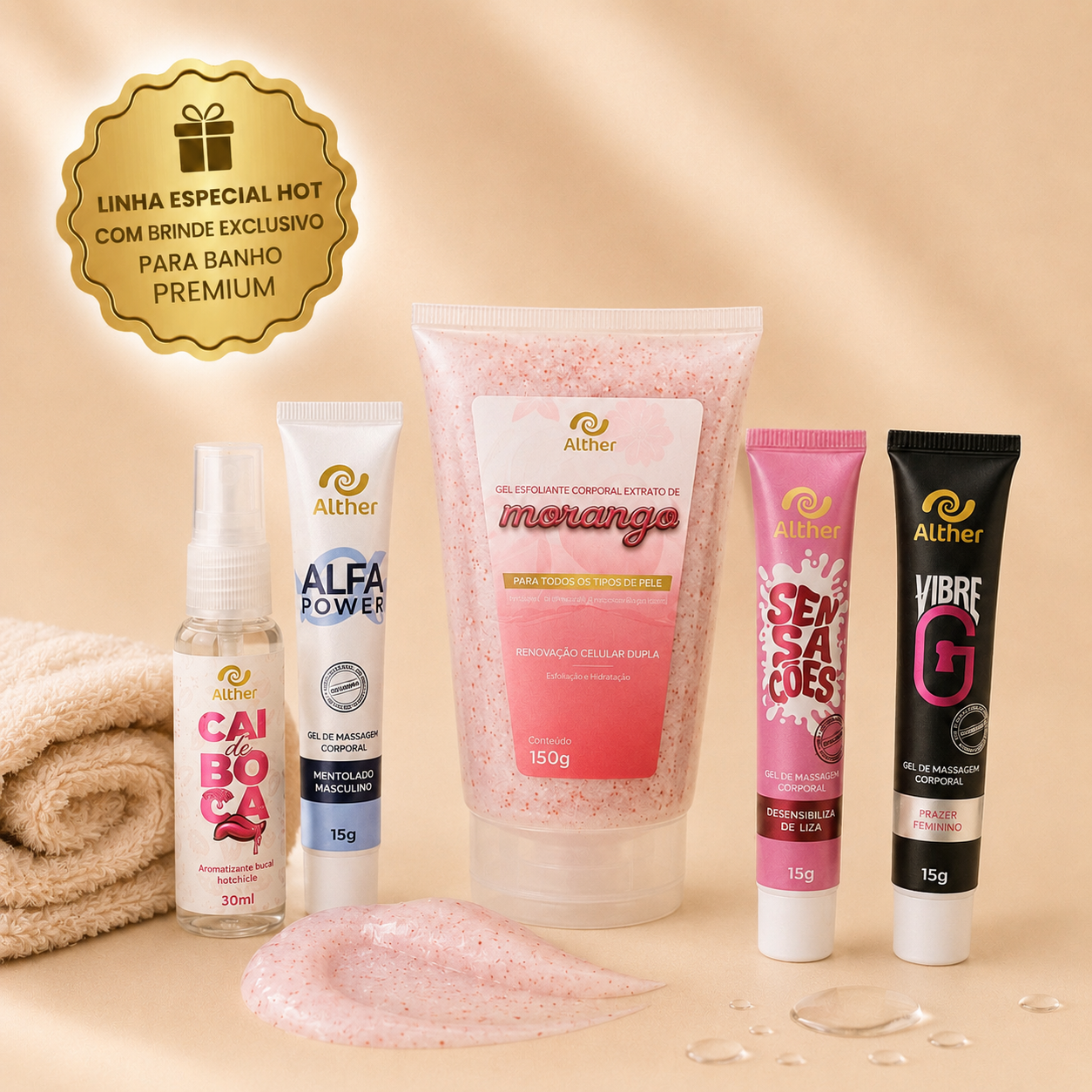 kit hot com esfoliante corporal Alther (1) Kit Hot ALTHER, |Tornando Noites a dois mais Quentres - com Esfoliante de Brinde | Vibre G, Alfa Power, Sensações e Cai de Boca - Imagem 1